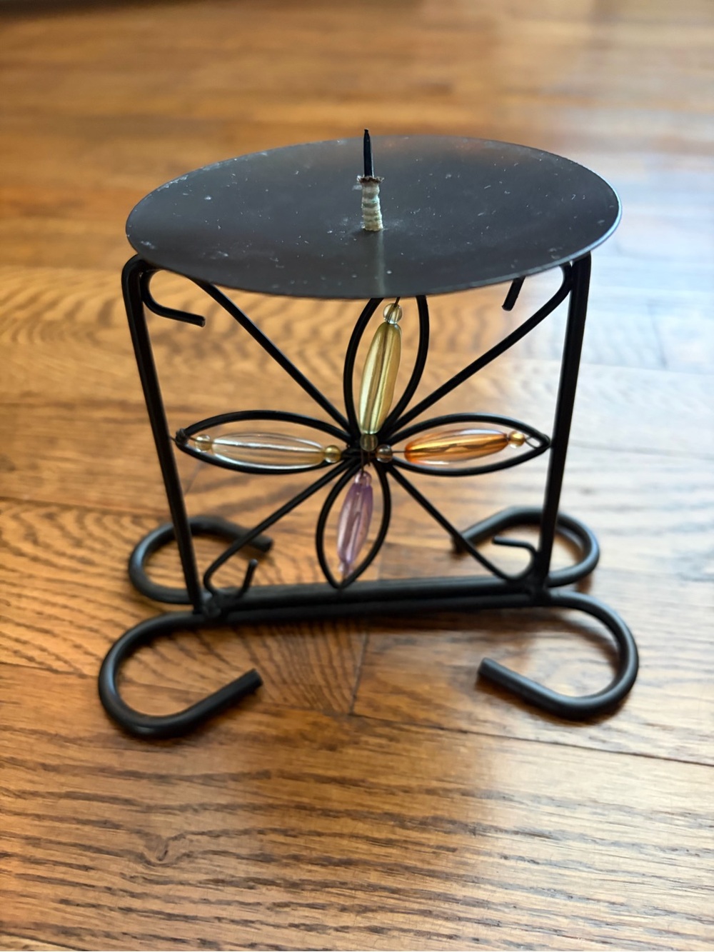 Vintage Candle Holder Black Wire Floral Design Acrylic Beads Whimsigoth